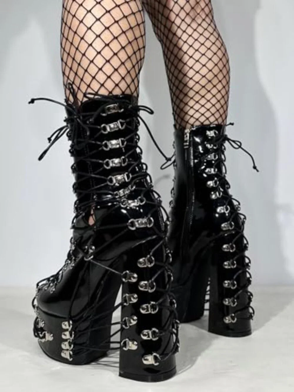 Handmade Goth Chunky Platform Lace Up Ankle Bootie, Zip Closure, Synthetic